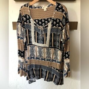 Style & Co|Boho mixed pattern tan jersey knit long sleeve blouse, asymmetrical•